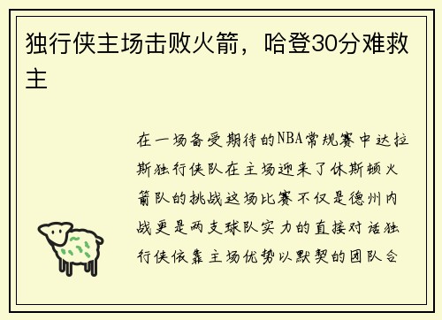 独行侠主场击败火箭，哈登30分难救主